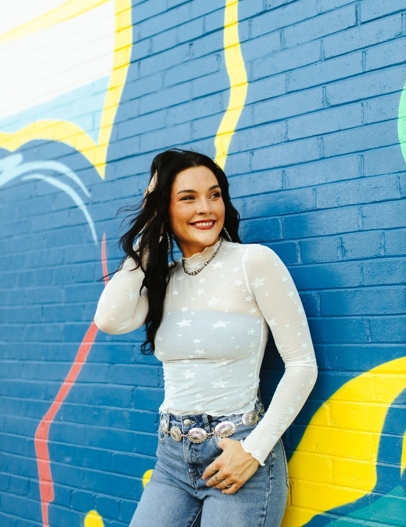 Star Printed Long Sleeve Mesh Top - IvoryS