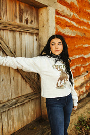 State Fair Rodeo Raw Hem V - Neck Crop Graphic SweatshirtOatmealS