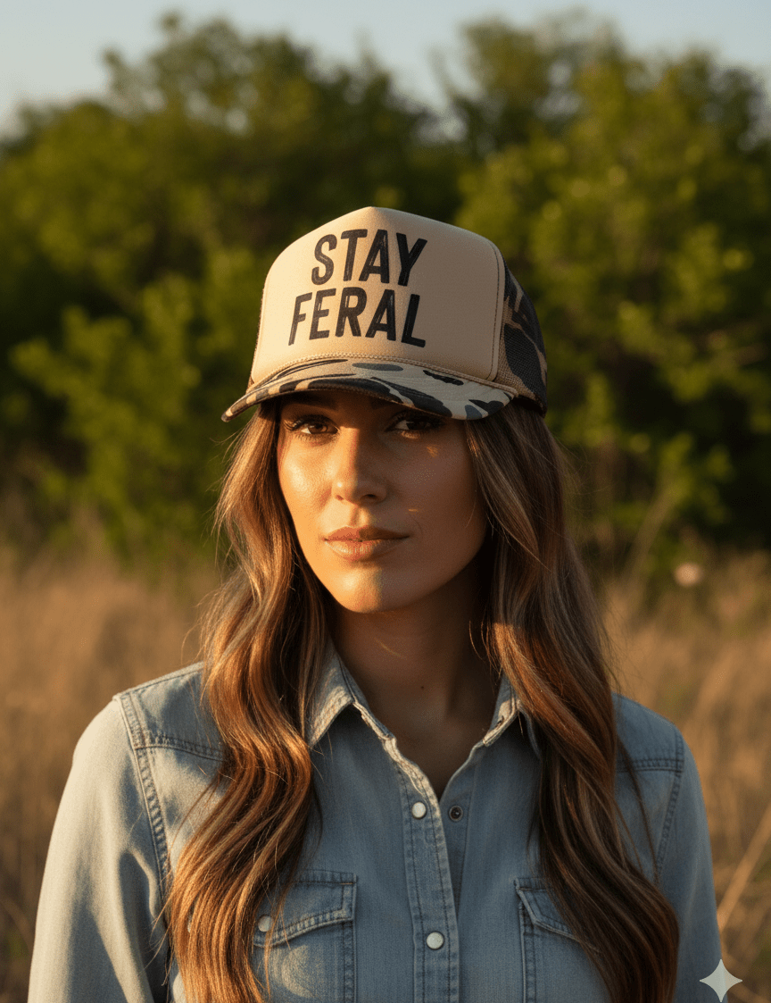 Stay Feral Camo Trucker HatBrown Camo & Tan