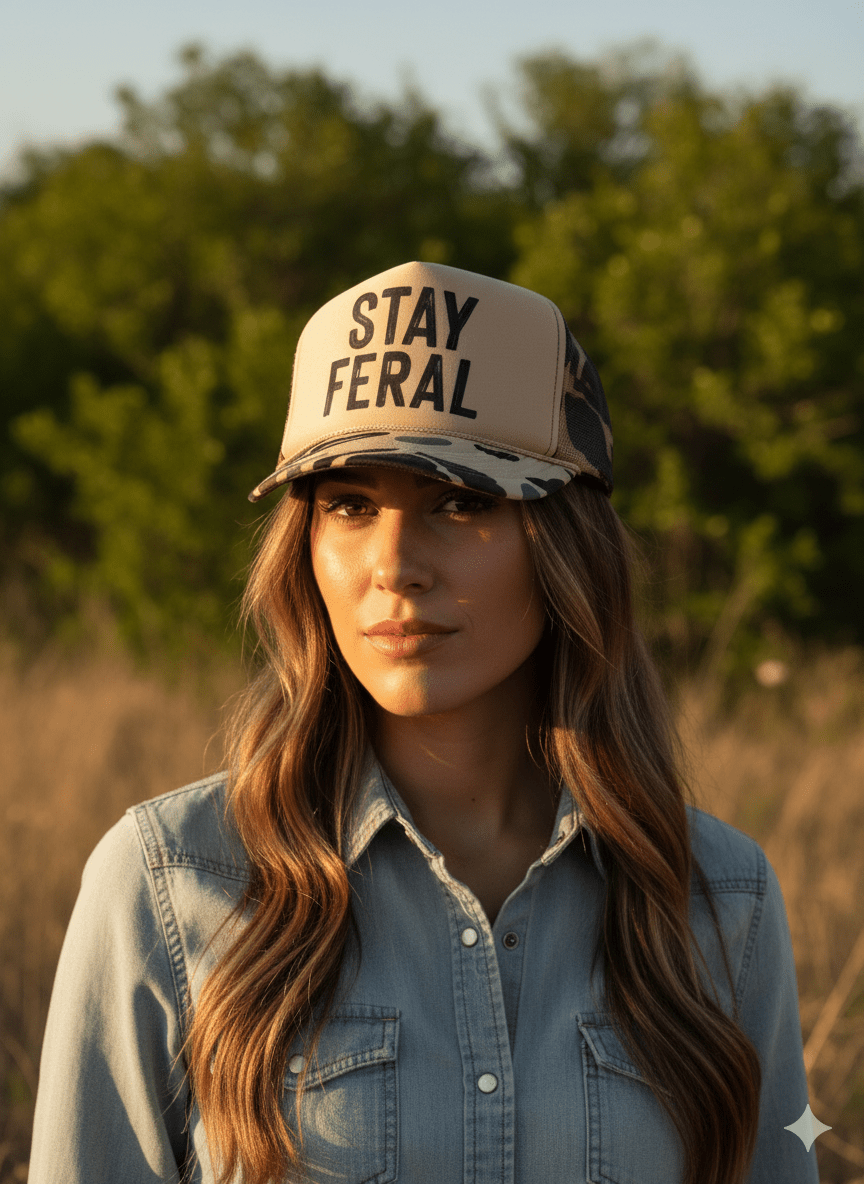Stay Feral Camo Trucker HatBrown Camo & Tan