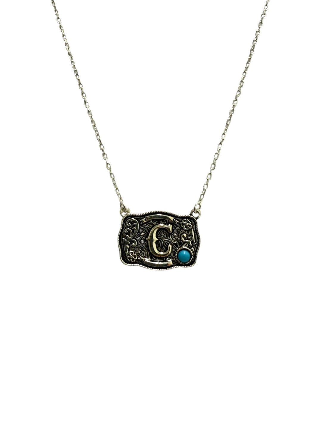 Sterling Silver Belt Buckle Initial NecklaceA