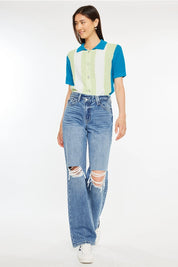 High-Rise Criss Cross Straight Distressed Jeans