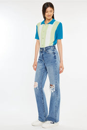 High-Rise Criss Cross Straight Distressed Jeans