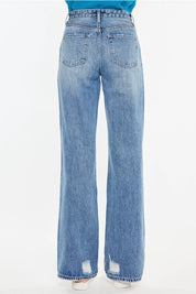 High-Rise Criss Cross Straight Distressed Jeans