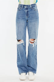 High-Rise Criss Cross Straight Distressed Jeans