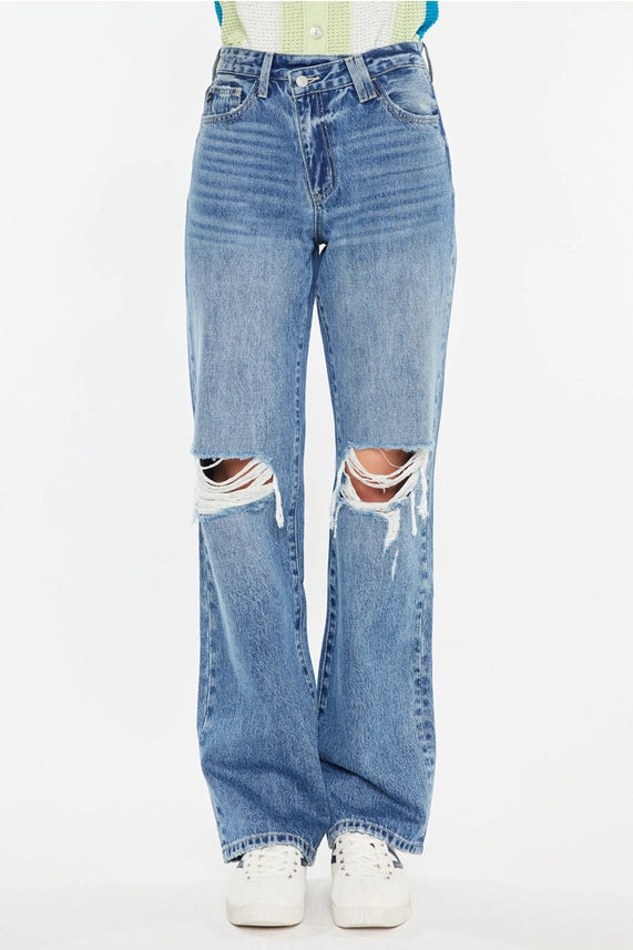 High-Rise Criss Cross Straight Distressed Jeans