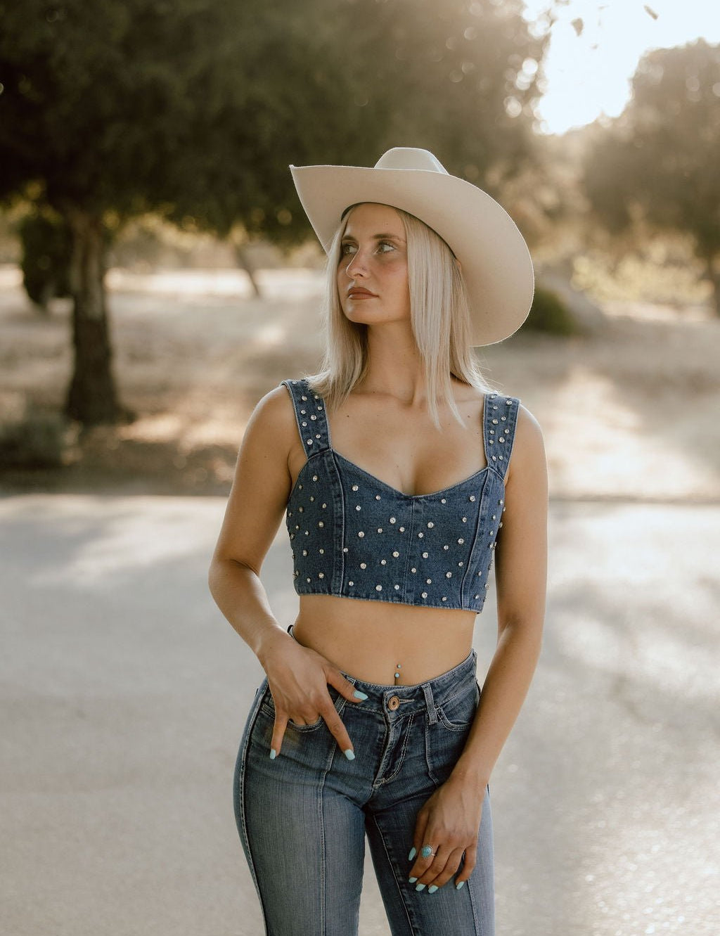 Studded Denim Cropped Tank TopS