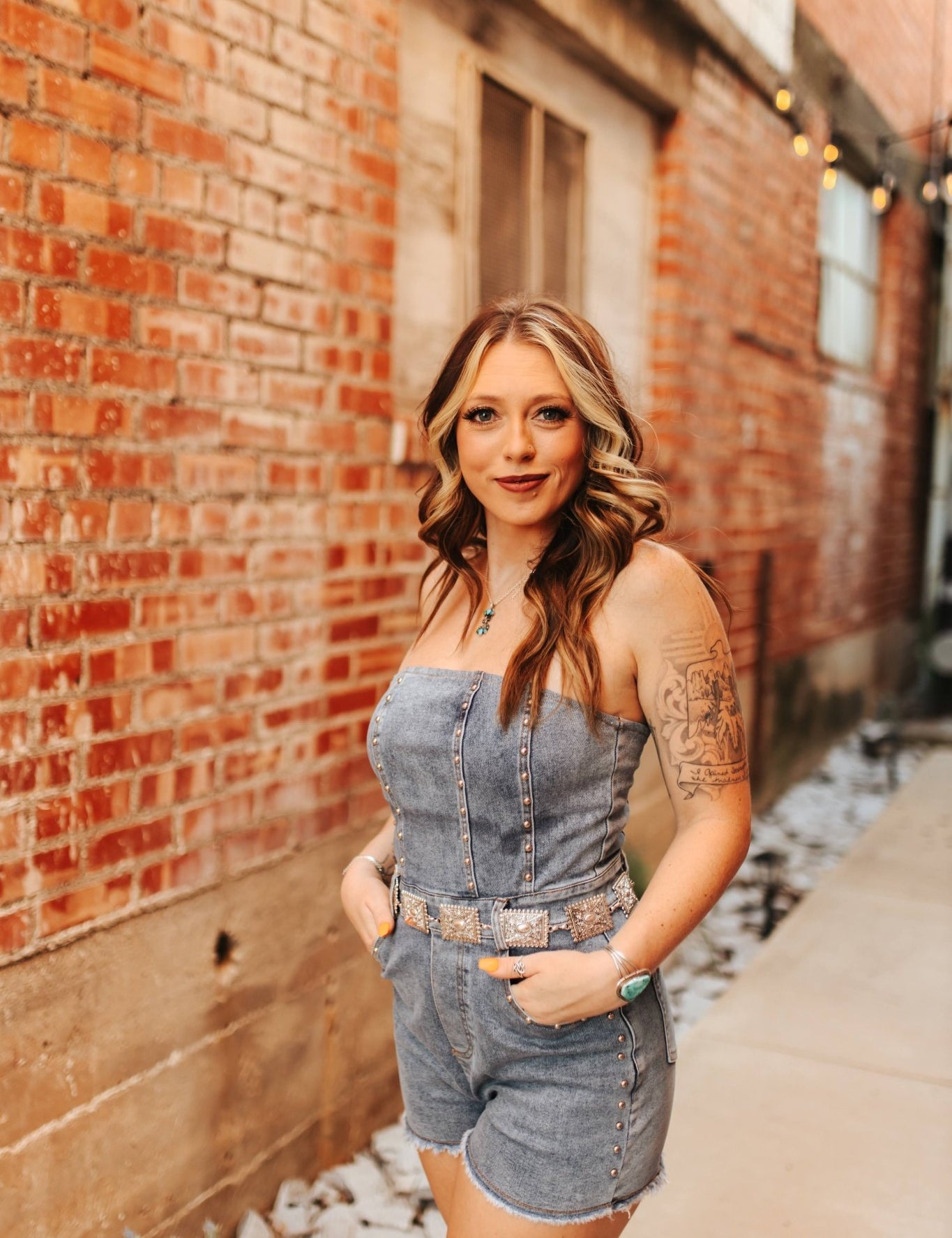 Studded Strapless Denim RomperDark WashS