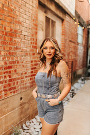 Studded Strapless Denim RomperDark WashS