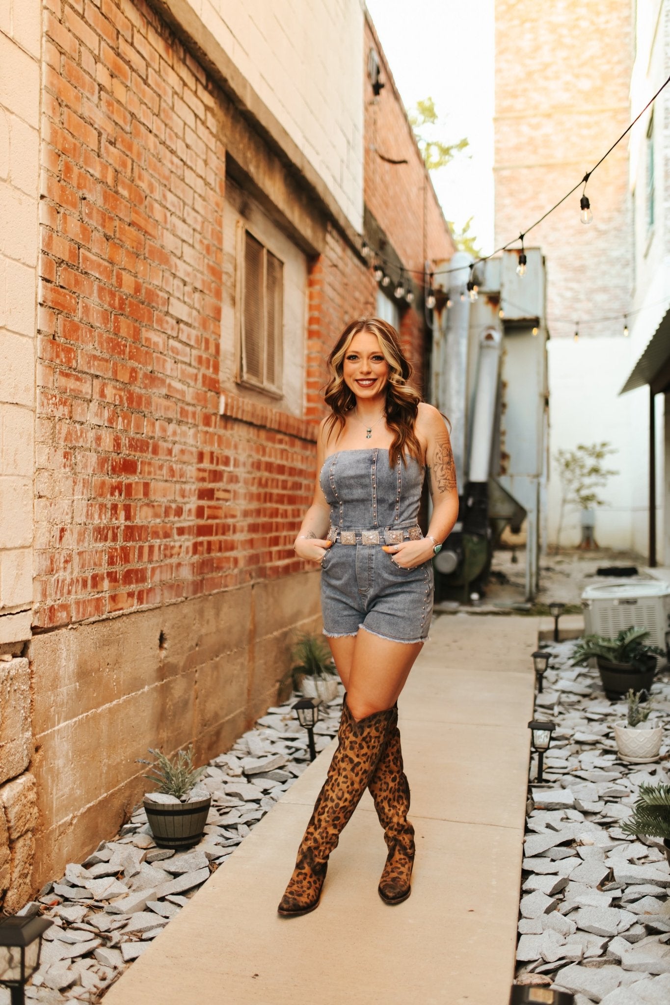 Studded Strapless Denim RomperDark WashS