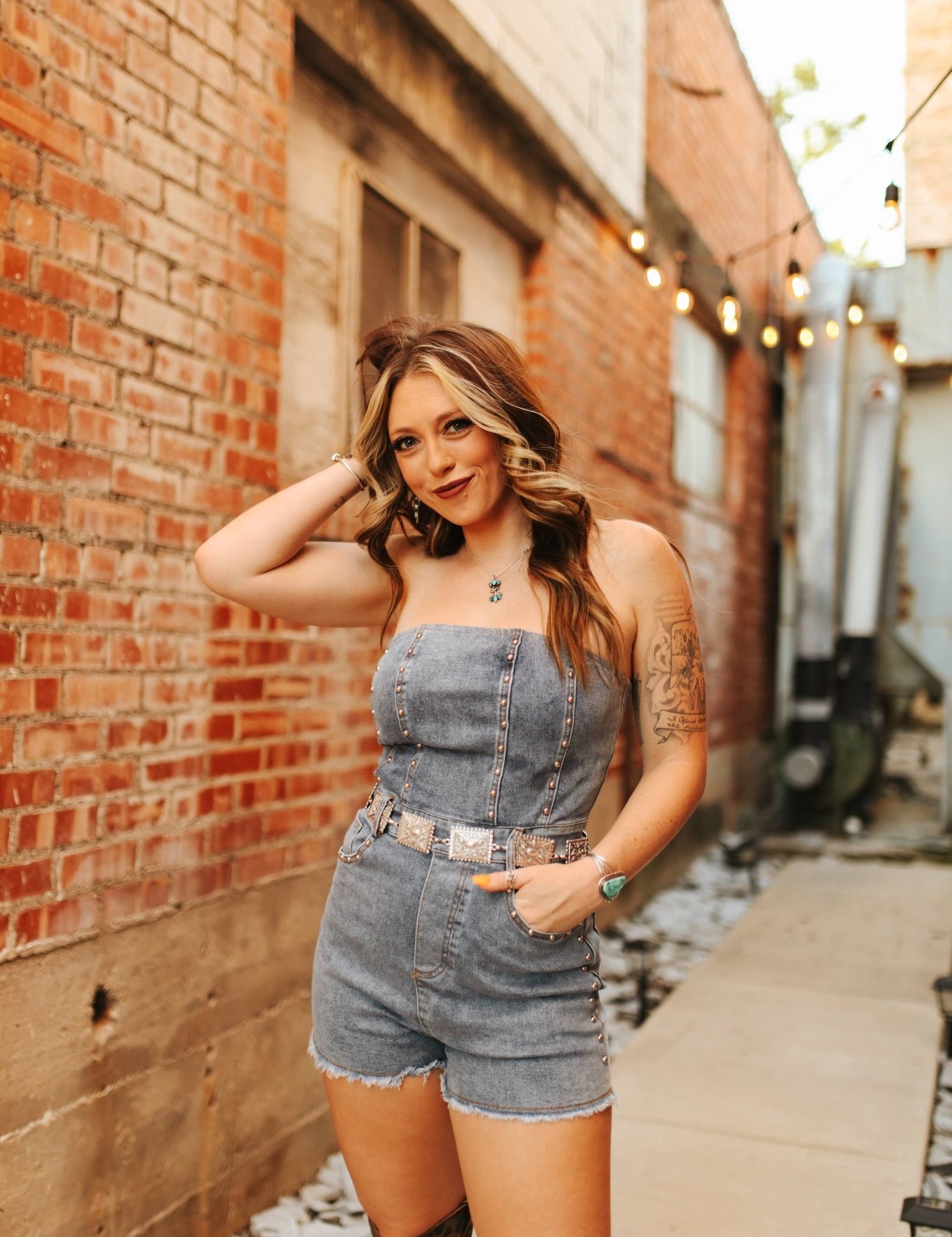 Studded Strapless Denim RomperDark WashS