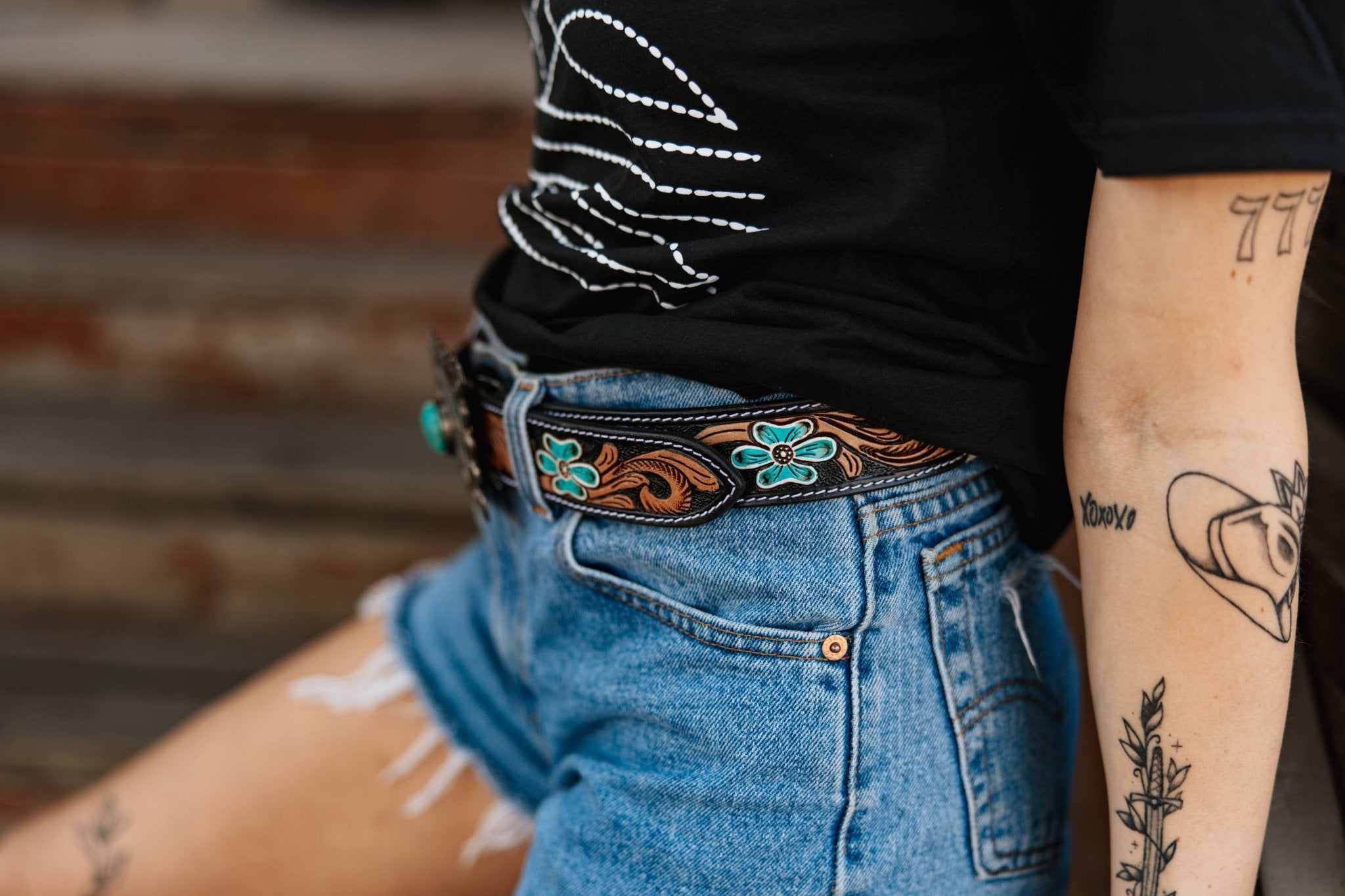 Sunflower Embossed Turquoise Concho Leather BeltMultiS