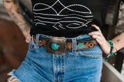 Sunflower Embossed Turquoise Concho Leather BeltMultiS