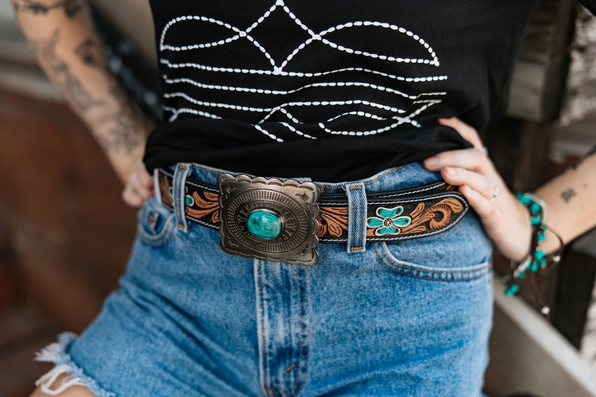 Sunflower Embossed Turquoise Concho Leather BeltMultiS