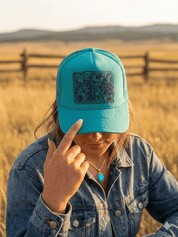 Sunflower Tooled Leather Trucker HatTurquoise