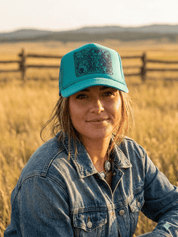 Sunflower Tooled Leather Trucker HatTurquoise