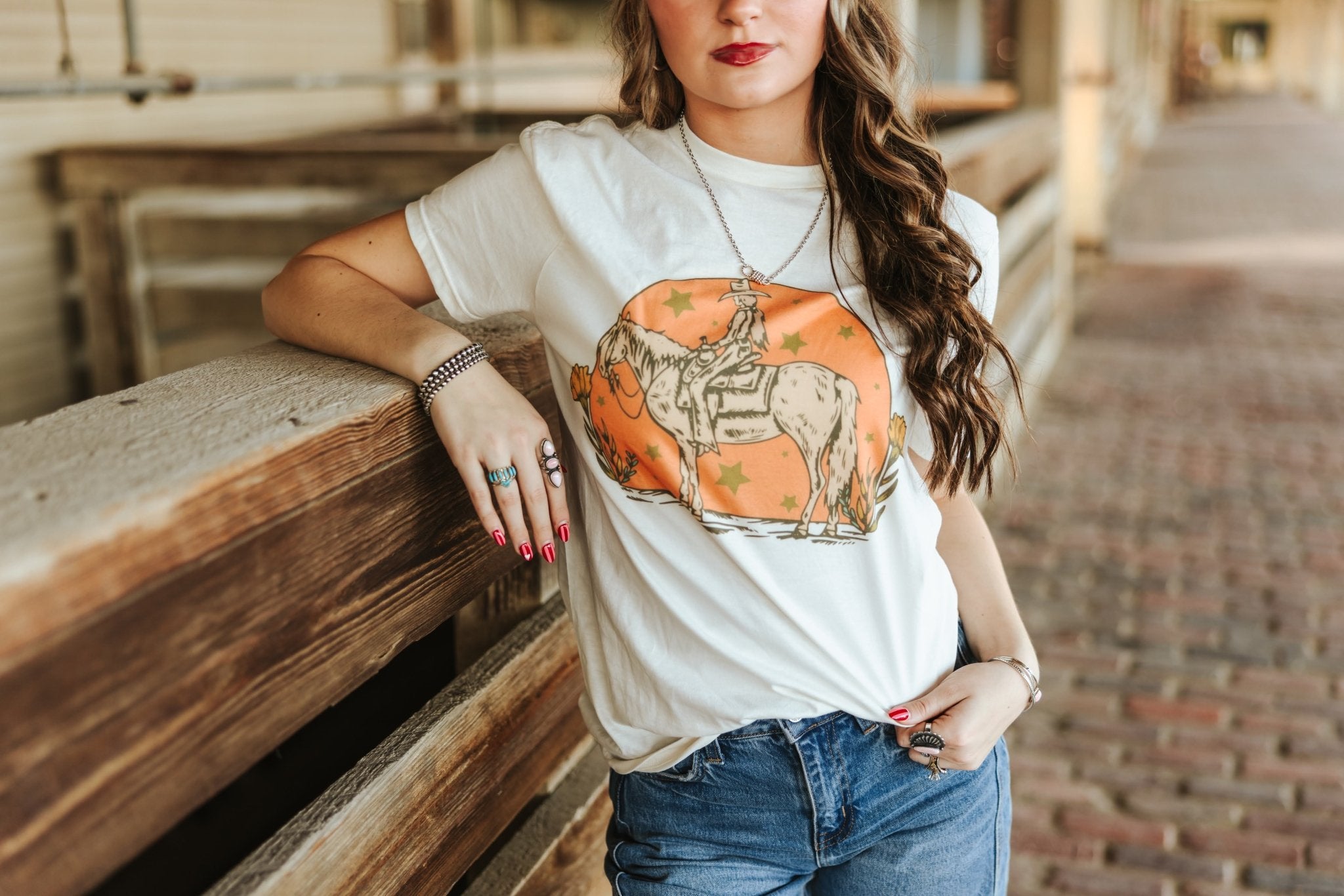 Sunset Cowgirl Rider Graphic TeeNaturalS