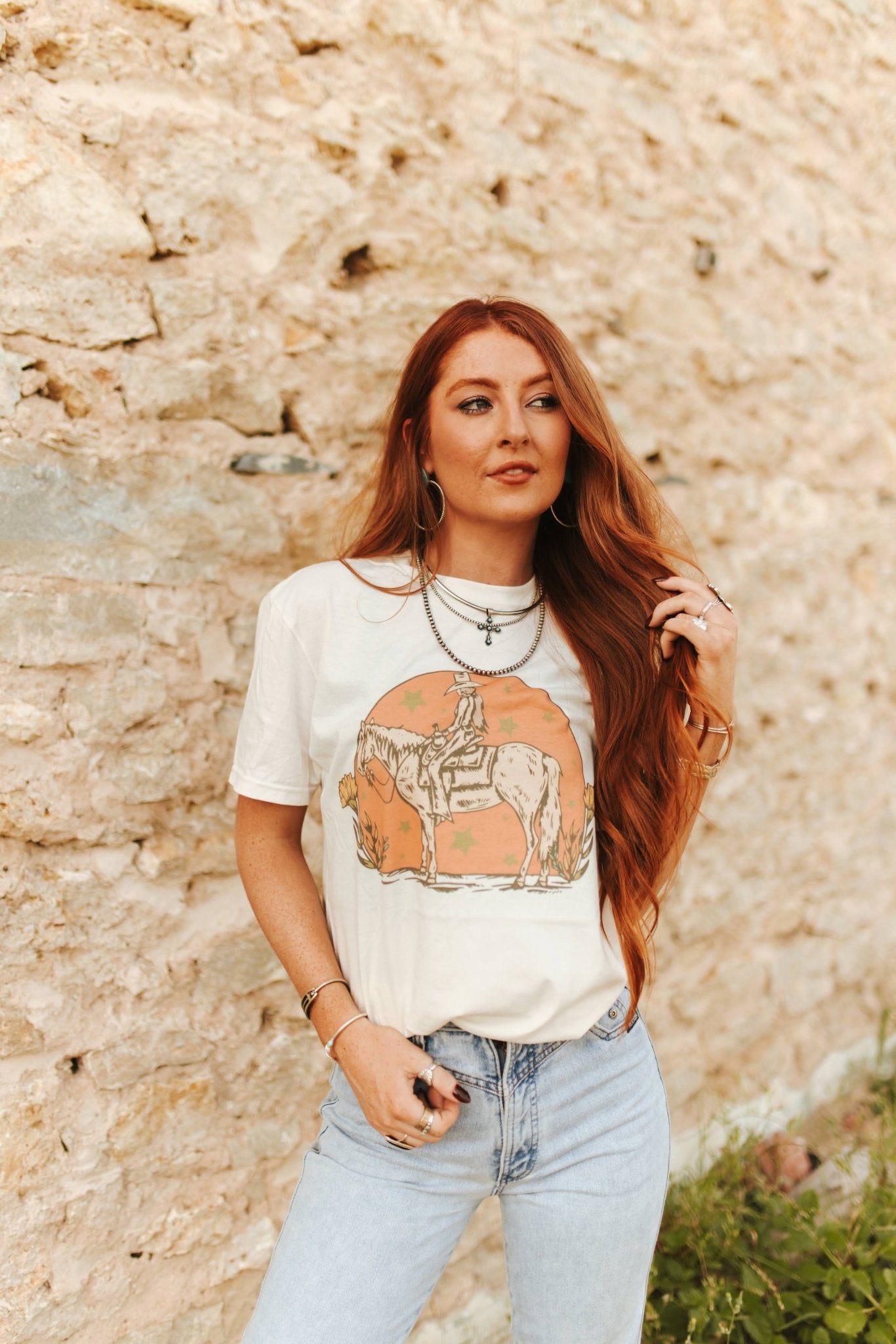 Sunset Cowgirl Rider Graphic TeeNaturalS