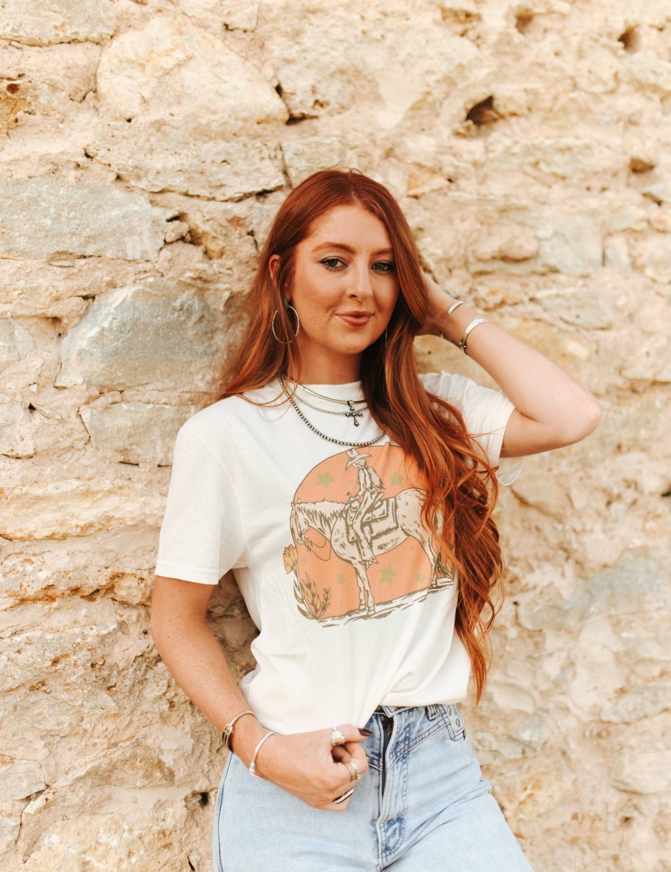Sunset Cowgirl Rider Graphic TeeNaturalS