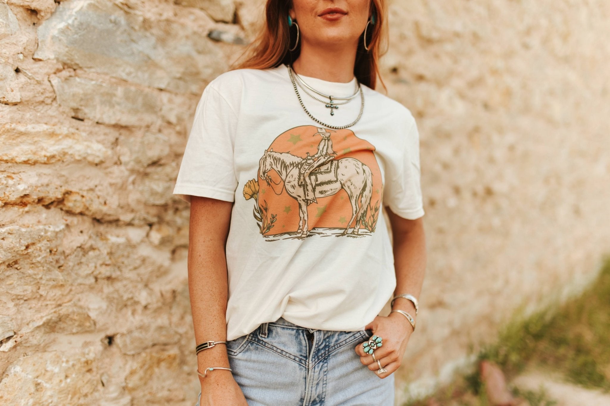 Sunset Cowgirl Rider Graphic TeeNaturalS
