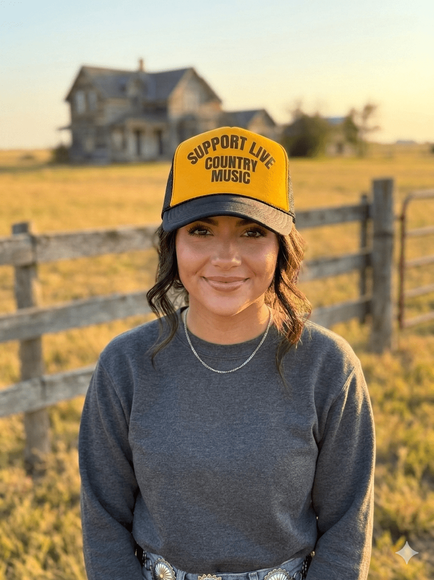 Support Live Country Music Trucker HatGold & Black