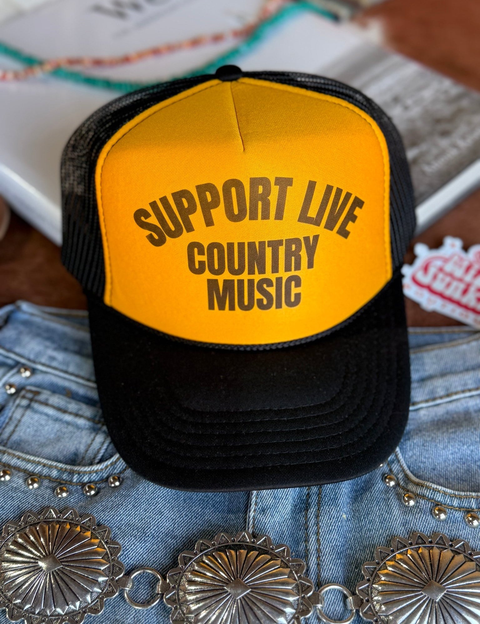 Support Live Country Music Trucker HatGold & Black