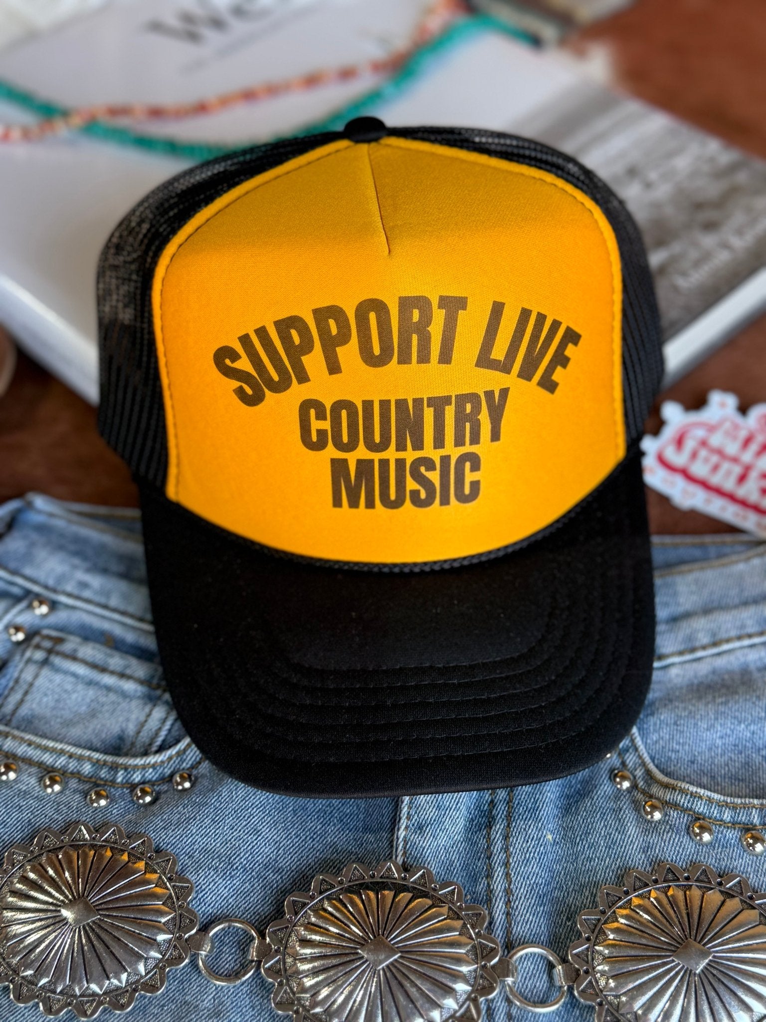 Support Live Country Music Trucker HatGold &amp; Black
