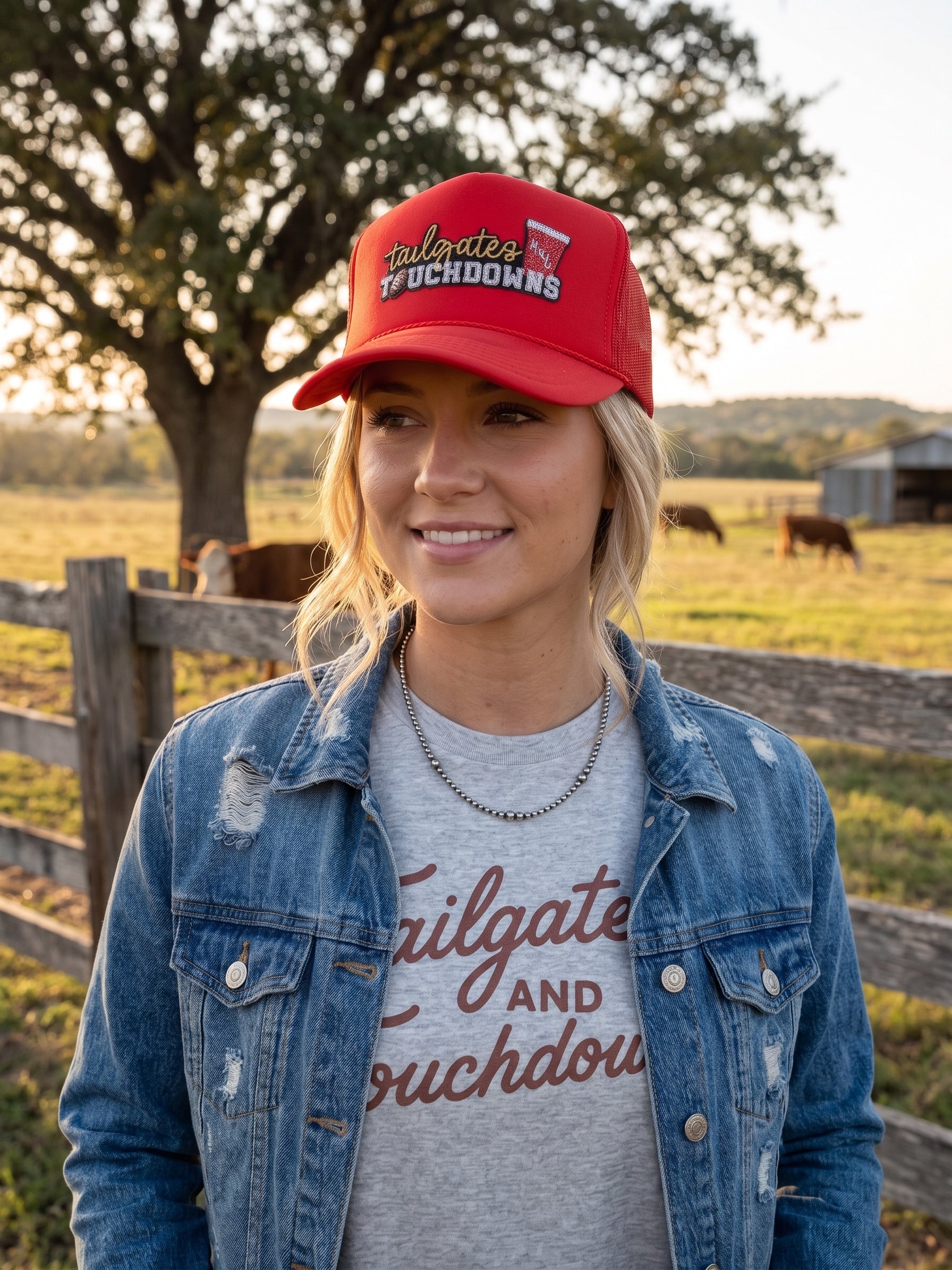 Tailgates and Touchdowns Sequin Patch Trucker HatRed
