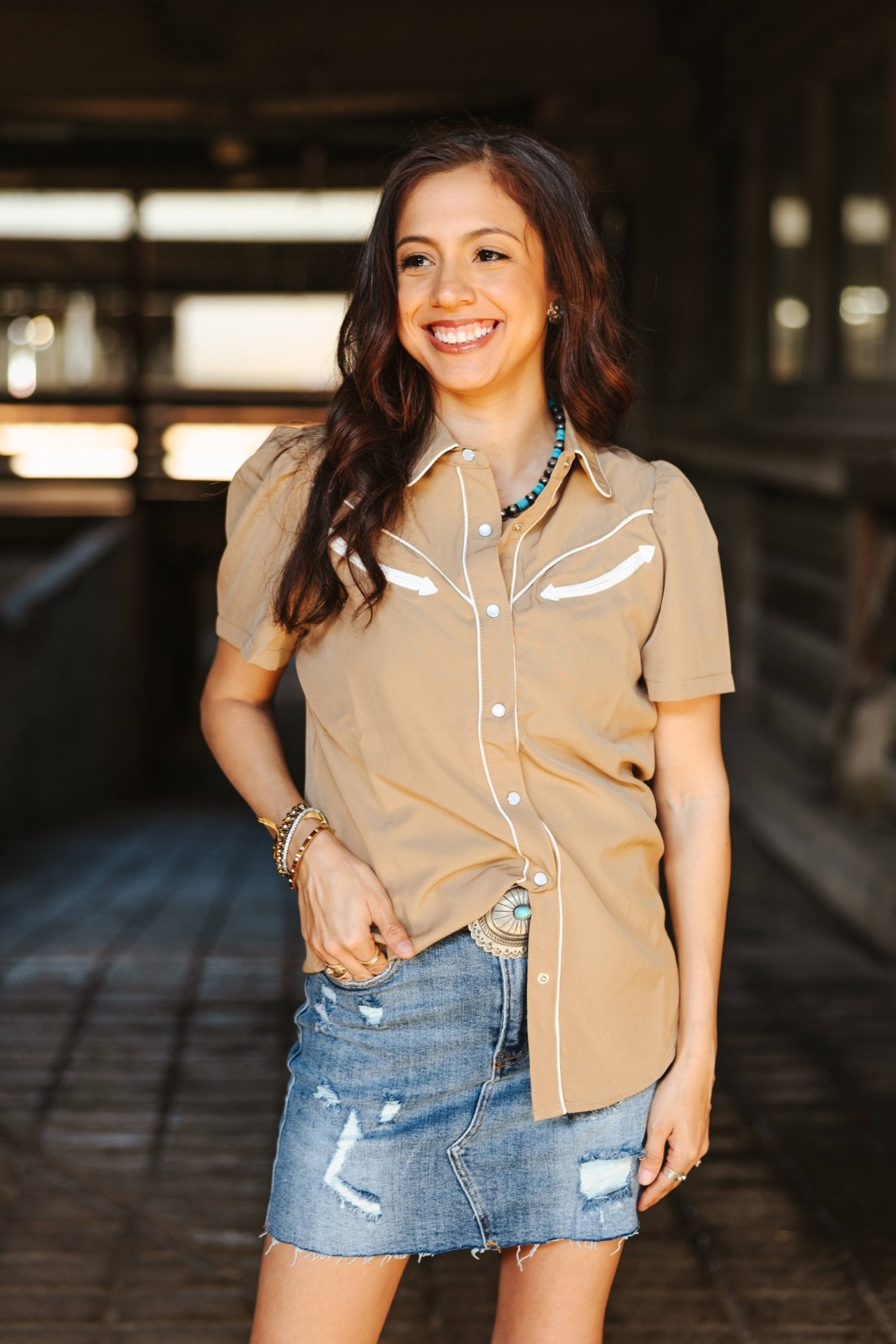 Tan Puff Sleeve Western Snap ShirtS