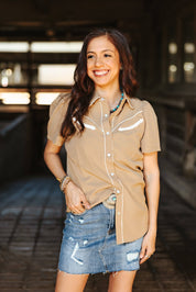 Tan Puff Sleeve Western Snap ShirtS
