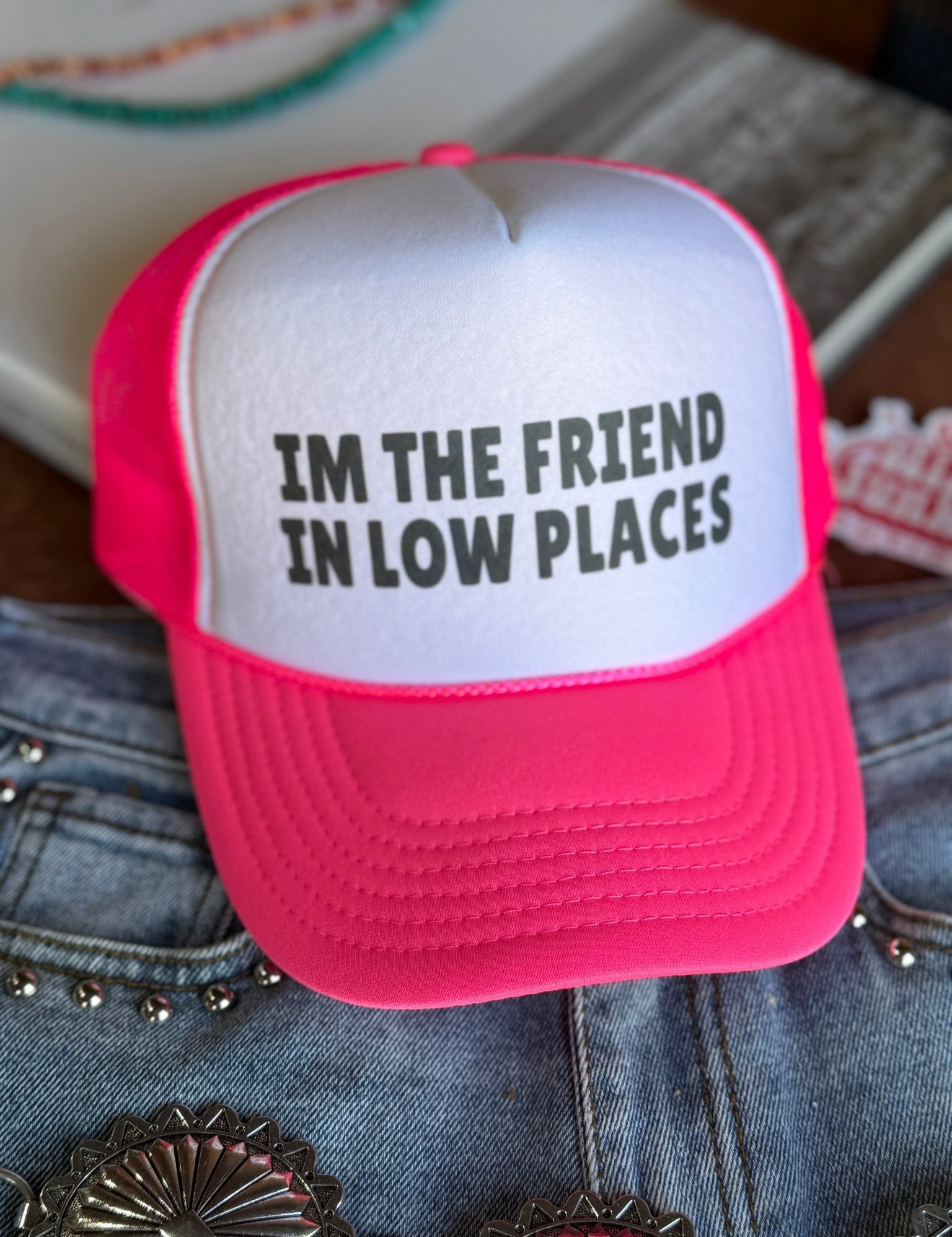 The Friend In Low Places Trucker HatNeon Pink & White