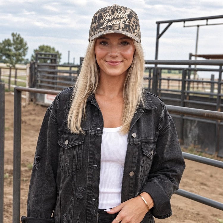 The Hell I Won't Embroidered Leopard Trucker Hat