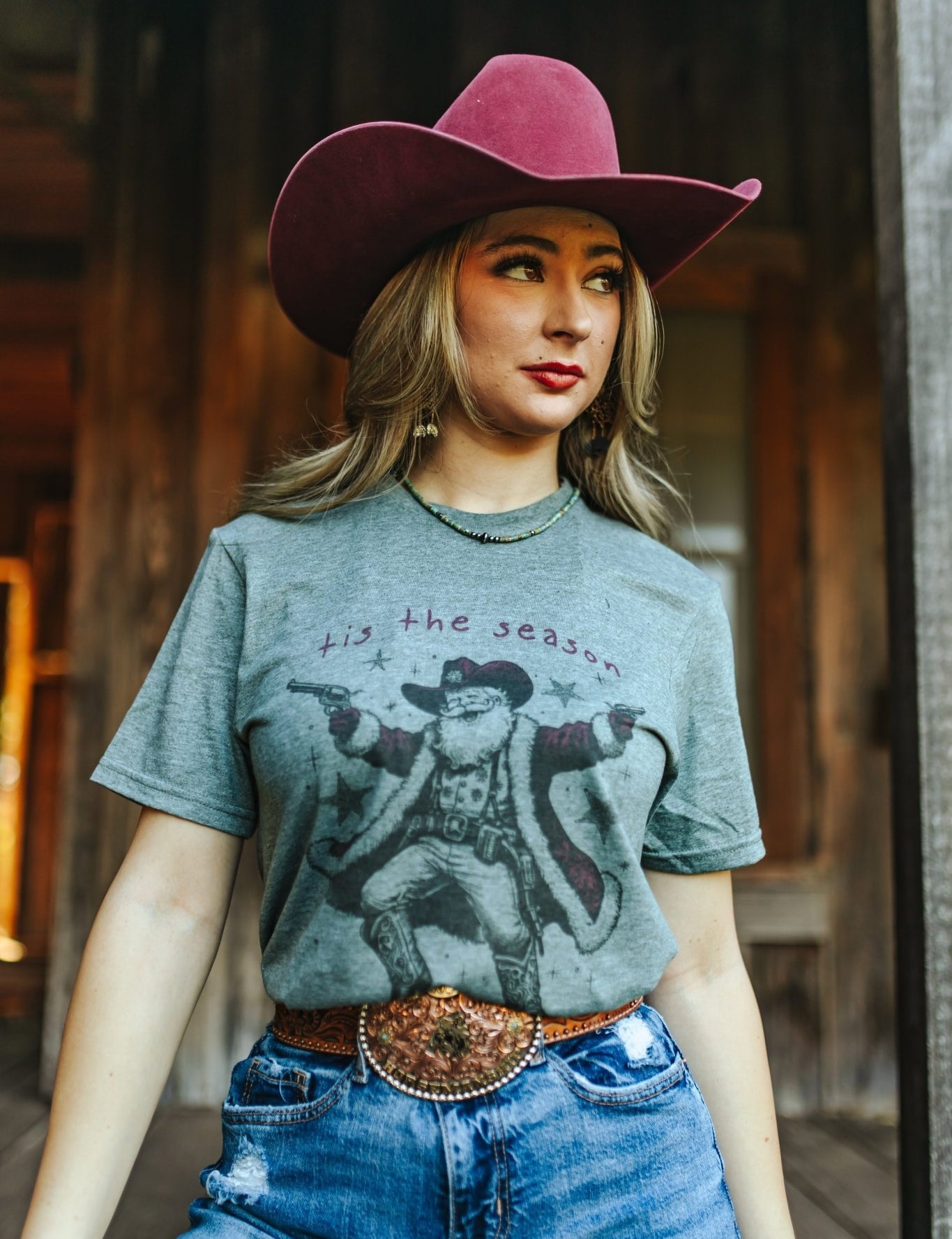 Tis The Season Rebel Santa Graphic TeeHeather Military GreenS