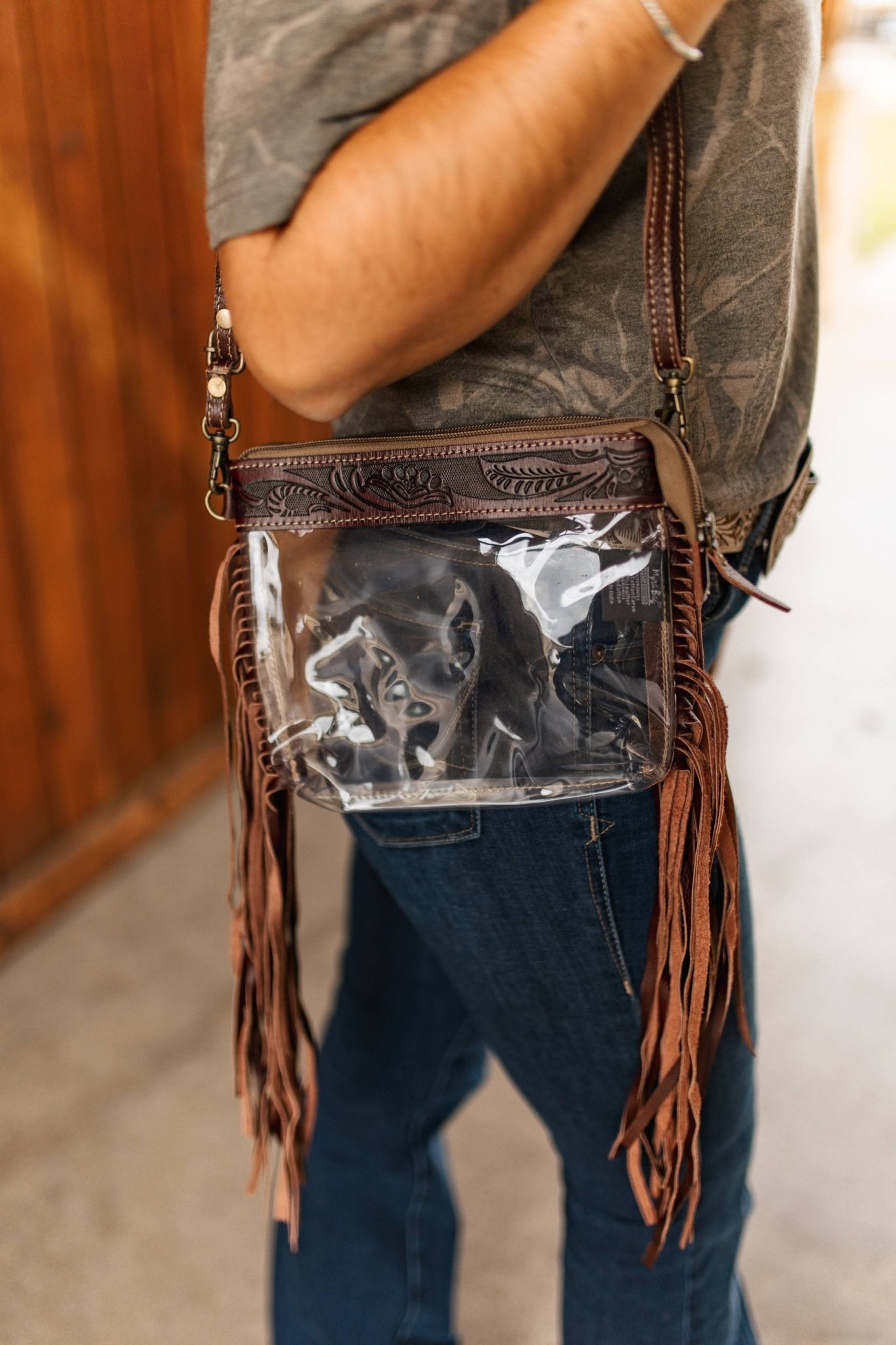 Tooled Leather Fringed Clear Crossbody Bag