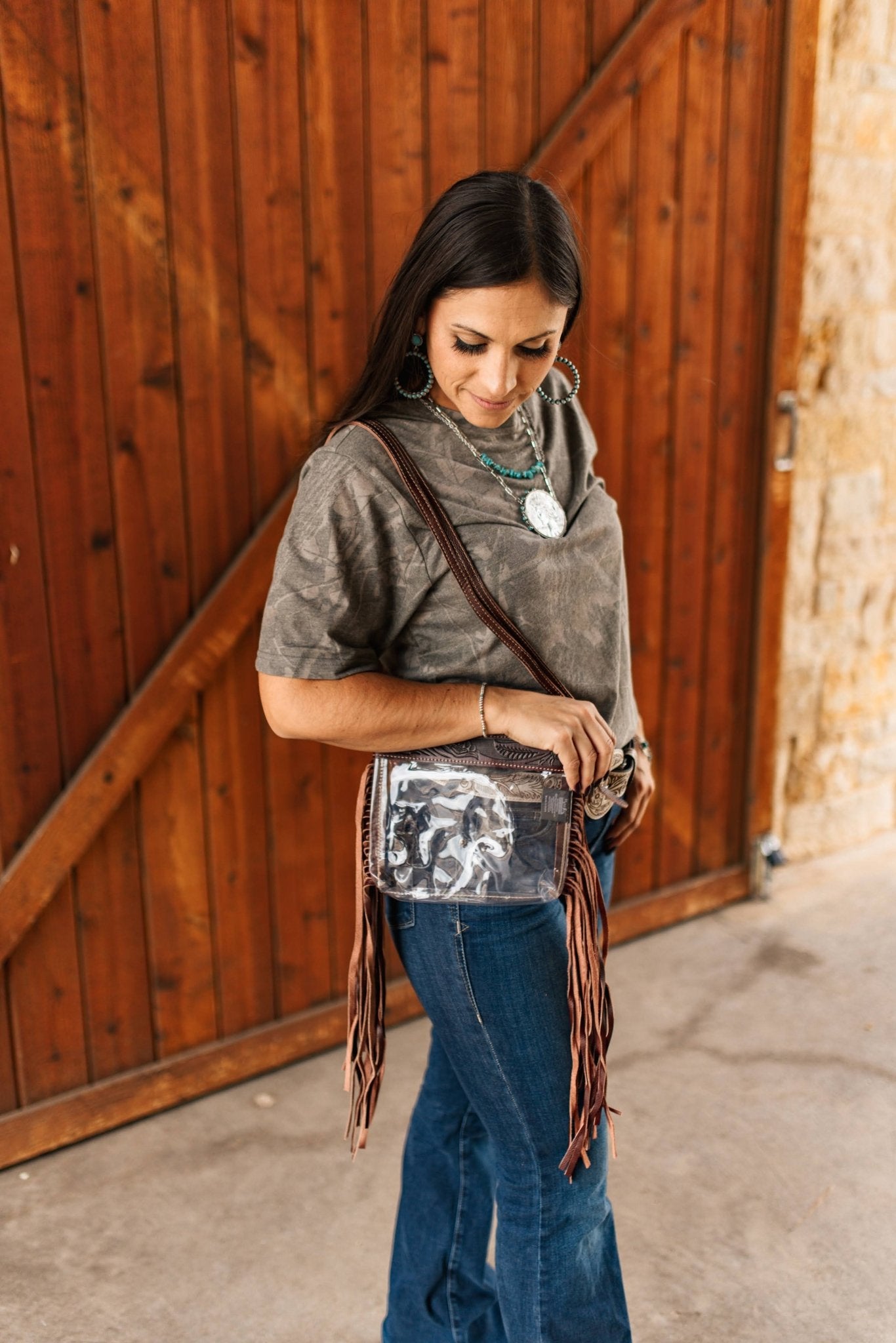 Tooled Leather Fringed Clear Crossbody Bag