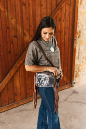 Tooled Leather Fringed Clear Crossbody Bag