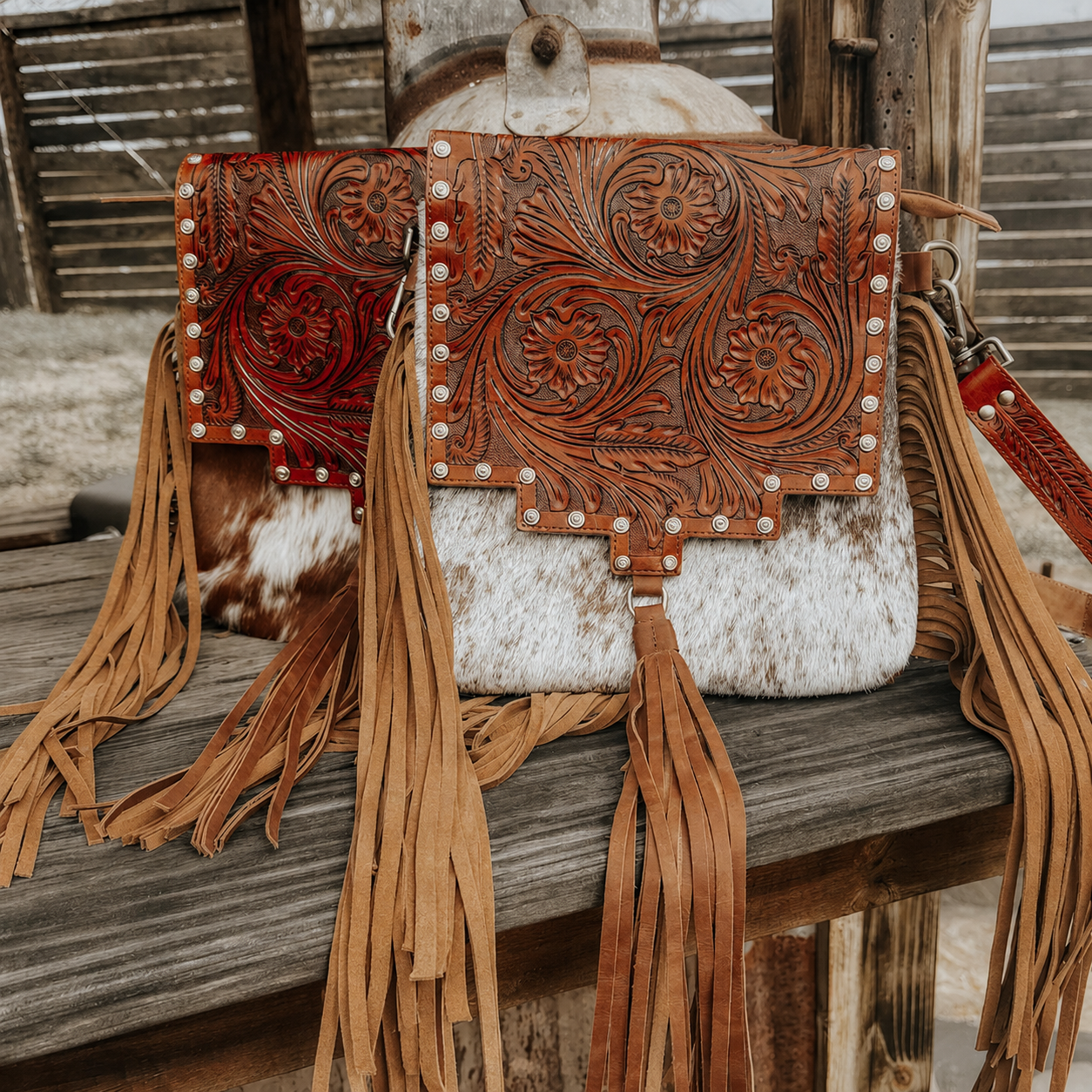 Cowhide Tooled Leather Fringe Crossbody Bag