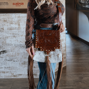 Cowhide Tooled Leather Fringe Crossbody Bag