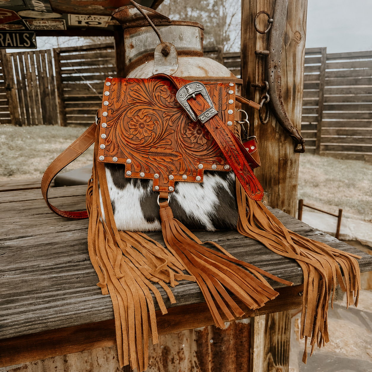 Cowhide Tooled Leather Fringe Crossbody Bag