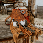 Cowhide Tooled Leather Fringe Crossbody Bag