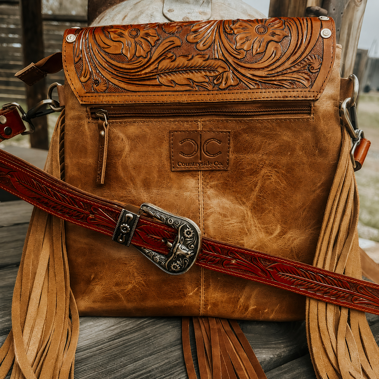 Cowhide Tooled Leather Fringe Crossbody Bag