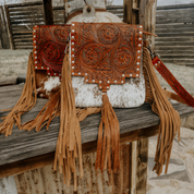 Cowhide Tooled Leather Fringe Crossbody Bag