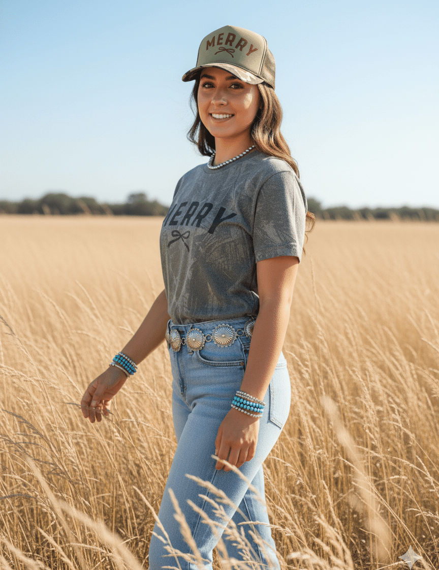 Tree Camo Merry Christmas Black Bow Graphic TeeHardwood CamoS