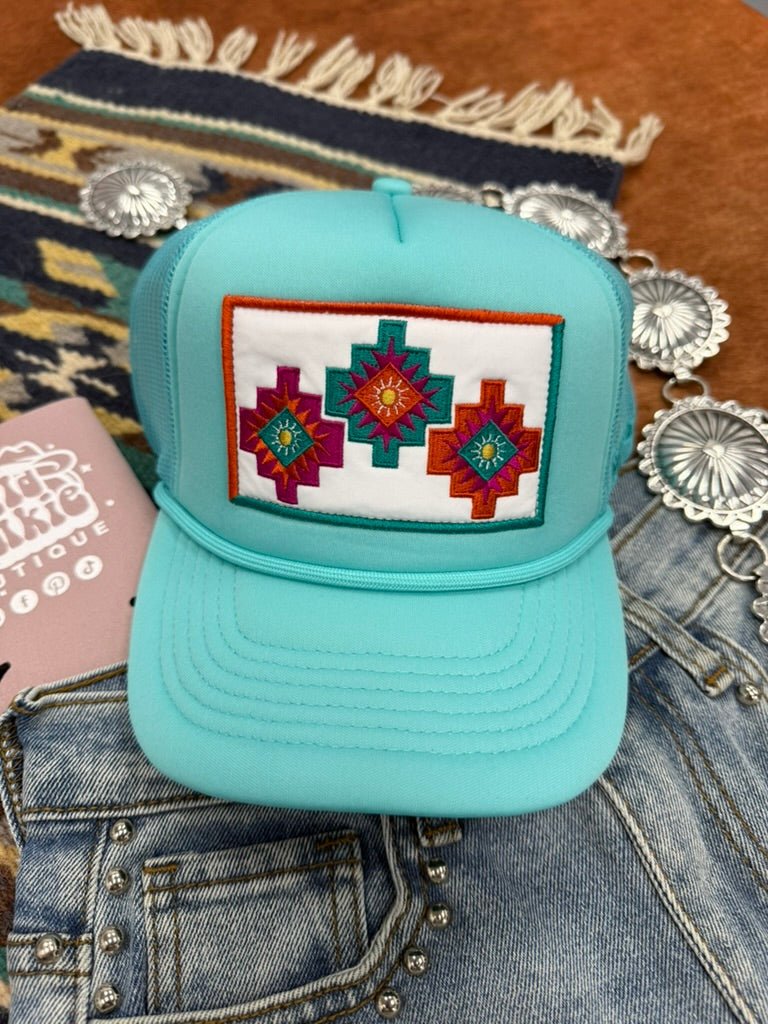 Tri - Aztec Embroidered Trucker Hat - Turquoise