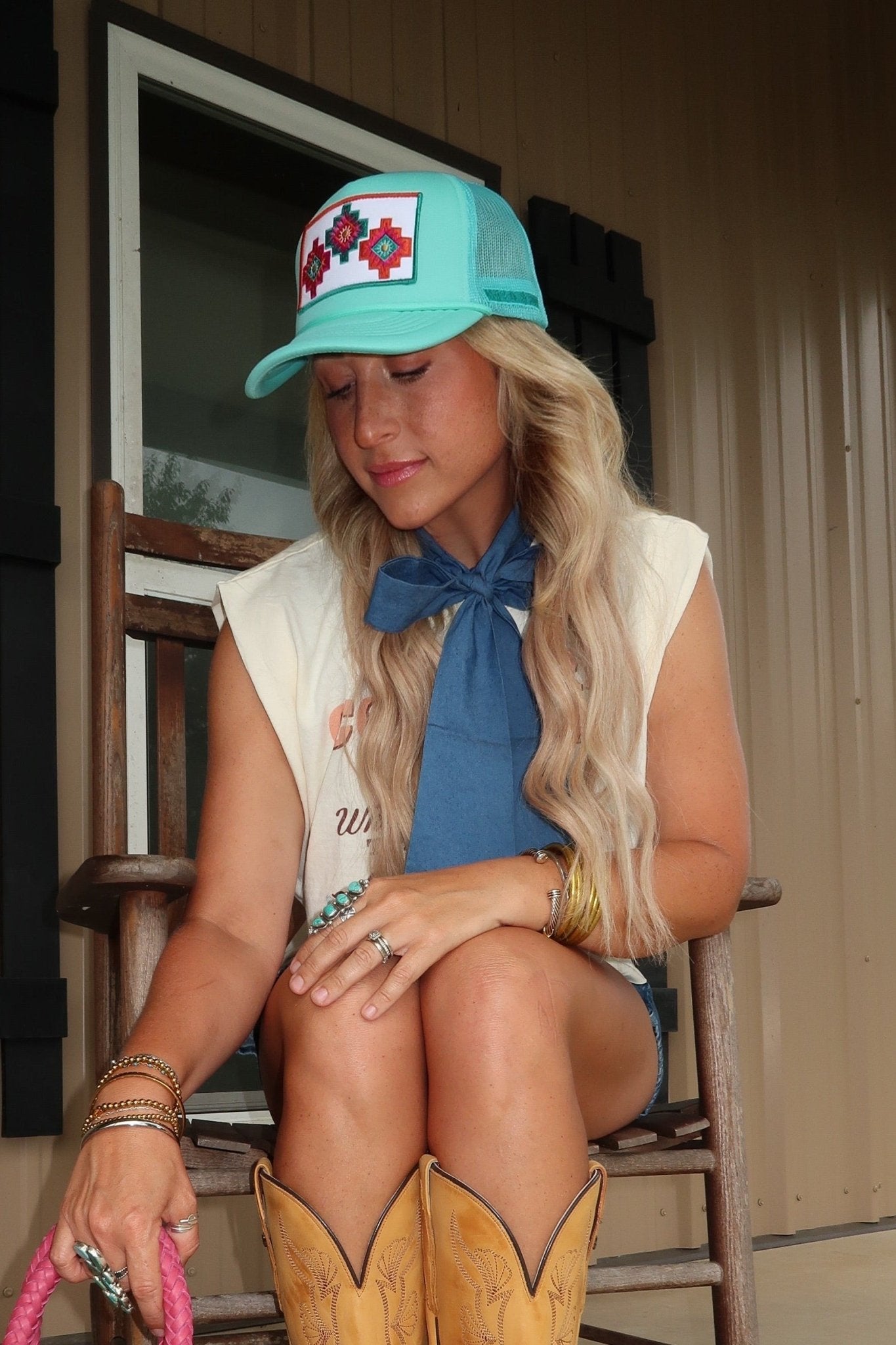 Tri-Aztec Embroidered Trucker Hat - Turquoise