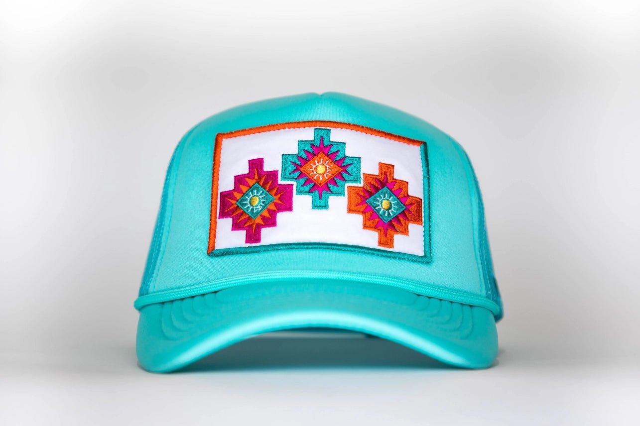 Tri - Aztec Embroidered Trucker Hat - Turquoise
