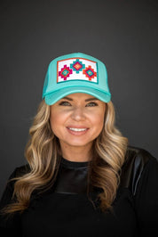Tri - Aztec Embroidered Trucker Hat - Turquoise