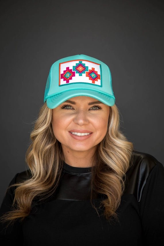 Tri - Aztec Embroidered Trucker Hat - Turquoise
