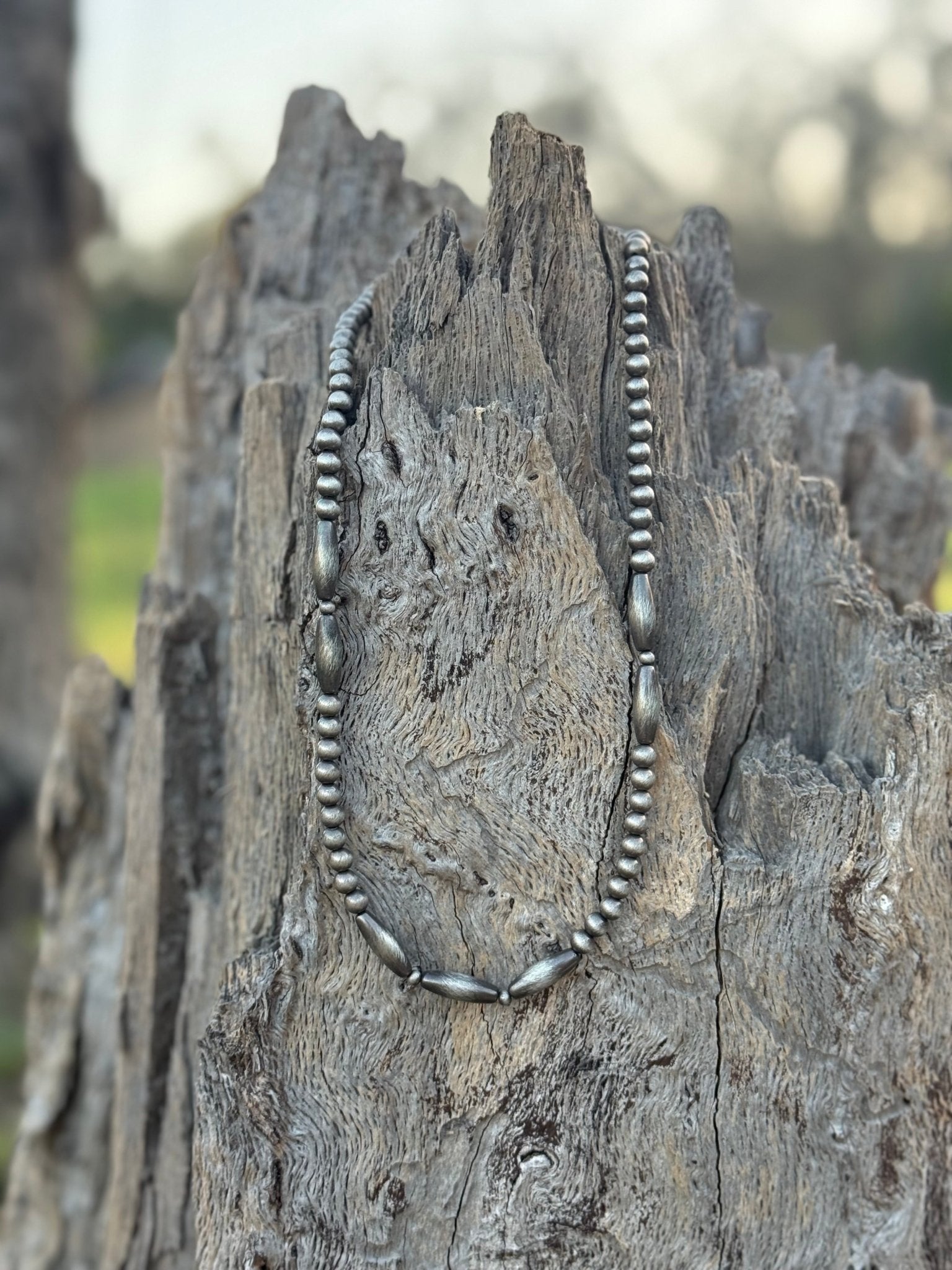 Tube and Round Silver Beads Necklace