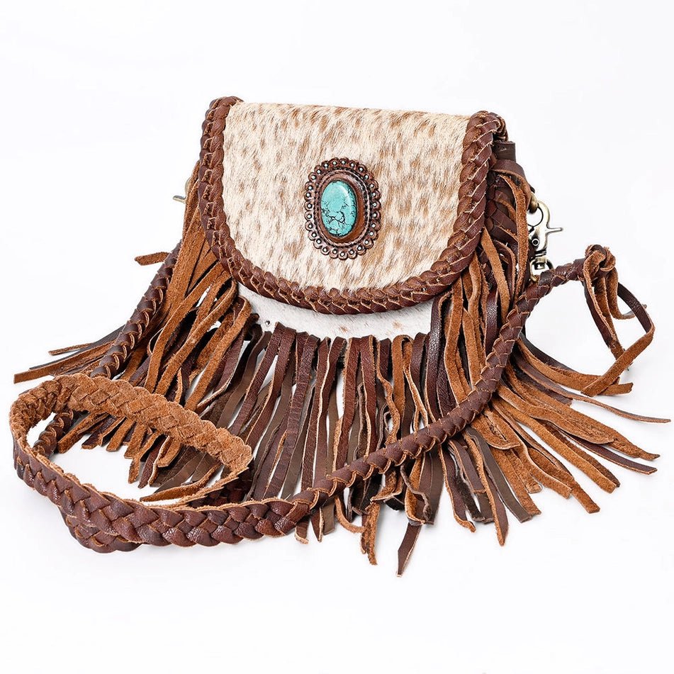 Turquoise Accent Braided Cowhide Crossbody Bag